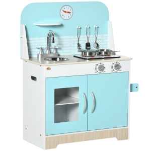 Qaba Wooden Kitchen Set for Kids with Lights Sounds, Play Kitchen with Sink, Cooktop, Clock, Utensils, Spacious Storage Space, Gift for 3-6 Years Old, Blue