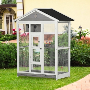 PawHut 64.5" Bird Cage Large Wooden Aviary for Budgie Canary Cockatiel with Standing Pole Nest Slide-out Tray for Indoor Outdoor Grey