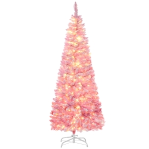 HOMCOM 6/7.5 Foot Prelit Snow Flocked Artificial Christmas Tree with Pencil Shape, Pine Realistic Branches, Warm White LED lights, Auto Open, Pink and White