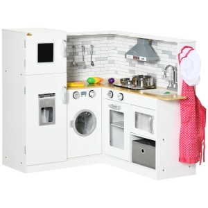 Qaba Corner Play Kitchen with Lights Sounds, Wooden Kids Kitchen Playset with Storage Cabinets, Ice Maker, Refrigerator, Washing Machine, Food Toys, Gift for Ages 3-6 Years Old, White