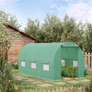 Outsunny 15' x 6.6' x 6.6' Walk-in Tunnel Greenhouse Garden Plant Seed Growing Warm House Outdoor Hot House w/ Roll Up Door, Windows, PE Cover Green
