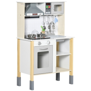 Qaba Wooden Play Kitchen with Realistic Lights and Sounds, Height-Adjustable Kids Kitchen Playset with Microwave, Range Hood, Cooking Accessories, Gift for 3-6 Years Old, White