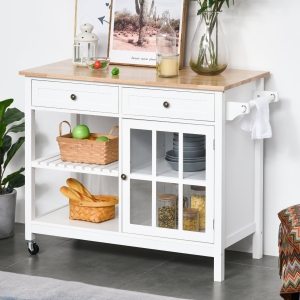 HOMCOM Kitchen Cart on Wheels, Utility Storage Island with Rubber Wood Top, Towel Rack, Cabinets, Drawers for Dining Room, White