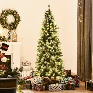 HOMCOM 6 ft Snow Flocked Pencil Christmas Tree, Hinged Artificial Tree, Pre-Lit Holiday Decoration with LED Lights, Pine Cones, Red Berries, Green