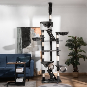 PawHut 94"-102" Floor to Ceiling Cat Tree High Cat Condo Scratching Post Activity Center Multi-Level Play House