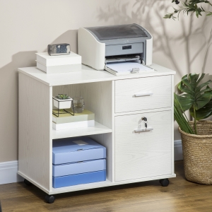 Vinsetto Lateral File Cabinet with Wheels, Mobile Printer Stand with Open Shelves and Drawers for A4 Size Documents, White