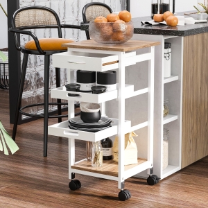 HOMCOM 4-Tier Kitchen Cart Serving Trolley with Drawer, Pull Out Trays, Rolling Wheels for Dining Living Room, White