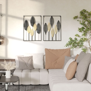 HOMCOM 3D Metal Wall Art Set of 2 Modern Leaves Hanging Wall Sculpture Home Decor for Living Room Bedroom Kitchen 20"x28"x2, Black Yellow