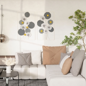 HOMCOM 3D Metal Wall Art Set of 2 Modern Lotus Leaves Hanging Wall Sculpture Home Decor for Living Room Bedroom Kitchen 20"x32"x2, Grey and Gold