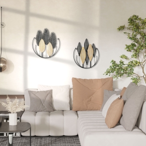 HOMCOM 3D Metal Wall Art Set of 2 Modern Leaves Hanging Wall Sculpture Home Decor for Living Room Bedroom Kitchen 16"x18"x2, Black Gold