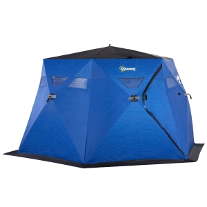 Outsunny 4 Person Insulated Ice Fishing Shelter, Pop-Up Portable Ice Fishing Tent with Carry Bag, Two Doors and Anchors for -22℉, Dark Blue