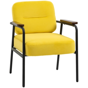 HOMCOM Modern Accent Chair with Cushioned Seat and Back, Upholstered Velvet Armchair with Arms and Steel Legs, Yellow
