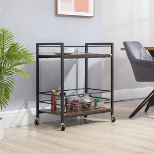 HOMCOM Rolling Kitchen Cart, 2-Tier Utility Storage Cart, Serving Trolley with Lockable Wheels for Home Bar, Living Room, Rustic Brown