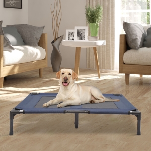 PawHut 36" x 30" Elevated Dog Bed Cot Pet Camping Sleeper Metal Frame, Blue and Black