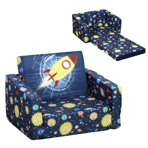 Qaba Kids Fold-Out Couch/Chair Lounger with Space-Themed Washable Fabric & Removable Cushion for 3-6 Years Old, Blue