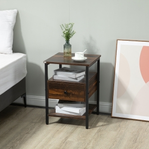HOMCOM Industrial Nightstand, Bedside Table with Drawer and Storage Shelves, Side End Table with Steel Frame for Living Room, Bedroom, Rustic Brown