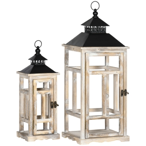 HOMCOM 2 Pack 31"/22" Large Rustic Lantern Decorations, Hanging Wooden Metal Indoor Covered Outdoor Lantern for Home Décor, Black and Distressed Natural Wood Color