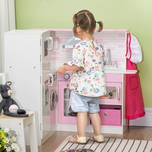 Qaba Corner Pretend Play Toy Kitchen with Sink Stove, Wooden Kids Kitchen Playset with Light Sound, Storage Cabinets, Ice Maker, Refrigerator, Washing Machine, Food Toys, White