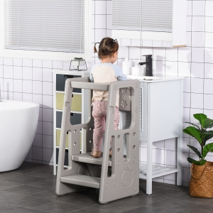 Qaba Kids Step Stool Adjustable Standing Platform Toddler Kitchen Stool -Standing Tower for Kids Kitchen Counter Learning with Three Adjustable Heights, Grey
