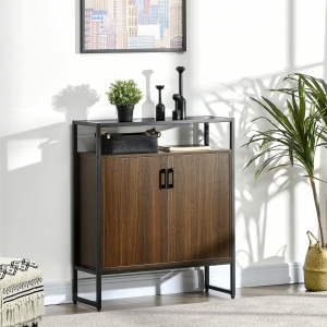 HOMCOM Buffet Cabinet, Glass Tabletop Accent Sideboard with Storage Cabinet and Open Shelf, Console Table for Living Room, Kitchen, Entryway, in Black and Brown