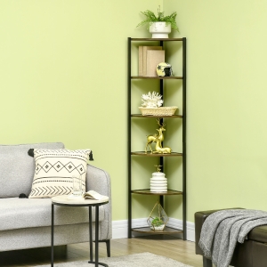 HOMCOM 6-Tier Storage Shelves, Corner Shelving Unit with Metal Frame, for Living Room, Bedroom, Kitchen, Dark Brown