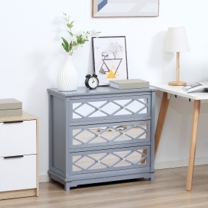 HOMCOM 3 Drawers Dresser with Mirror Panels, Chest of Drawers for Bedroom, Storage Cabinet for Bathroom Living Room, Entryway, Grey