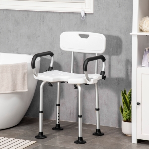 HOMCOM Shower Chair with Arms and Back, Bath Seat with Adjustable Height, Anti-slip Shower Bench for Seniors and Disabled, Tool-Free Assembly, 299lbs