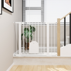 PawHut 29.5"-40.5" Extra Wide Pet Safety Gate Barrier, Stair Pressure Fit, w/ Small Door, Auto Close, Double Locking, for Doorways, Hallways, Extensions Kit, White