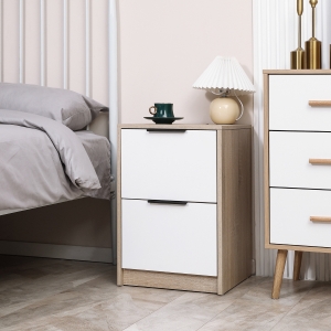 HOMCOM Modern Nightstand, Bedside Table with 2 Drawers, Side End Table for Living Room, Bedroom, White and Natural