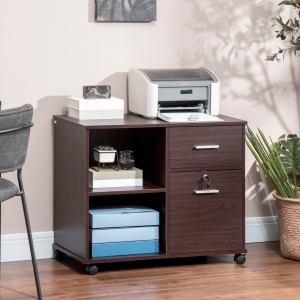 Vinsetto Lateral File Cabinet with Wheels, Mobile Printer Stand with Open Shelves and Drawers for A4 Size Documents, Walunt