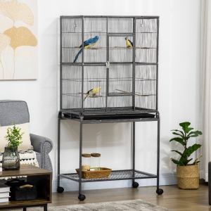 PawHut 30'' Large Rolling Metal Bird Cage Bird House with Detachable Rolling Stand Storage Shelf Wood Perch Food Container