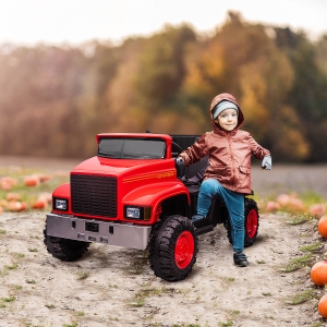 Aosom Two-Seater Kids' Tractor with Detachable Bucket, 12V Battery Powered Ride-on Farm Truck with Parental Control, 2 Speeds, Music Lights, Suspension Wheels, for 37-72 Months, Red
