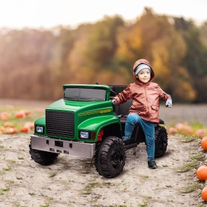 Aosom Two-Seater Kids' Tractor with Detachable Bucket, 12V Battery Powered Ride-on Farm Truck with Parental Control, 2 Speeds, Music Lights, Suspension Wheels, for 37-72 Months, Green
