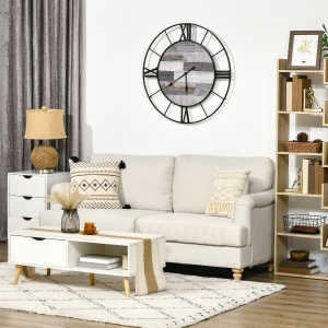 HOMCOM 32 Inch Large Wall Clock, Silent Non Ticking Metal Farmhouse Roman Numeral Clocks for Living Room Decor, Battery Operated, Black and Wood Grain