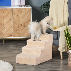 PawHut Pet Steps Cat Stairs Ladder for Cats and Dogs Get On Bed Sofa Couch with Removable Cover, Beige