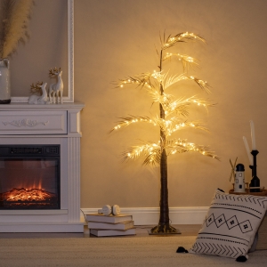 HOMCOM 5ft. Artificial Palm Tree Light with 150 Warm White Pre-Lit LED Light for Home Party, Indoor and Covered Outdoor Use, Gold Tone
