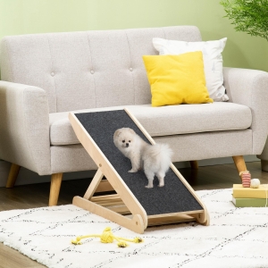 PawHut Dog Ramp for Bed Couch, Foldable Pet Ramp Height Adjustable 4 Levels from 14.75" to 24.5" for Cats and Small Dogs with Non Slip Carpeted Surface, Natural