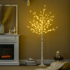 HOMCOM 6ft Artificial White Birch Tree Light with 96 Warm White Pre-Lit LED Light for Home Party, Indoor and Covered Outdoor Use