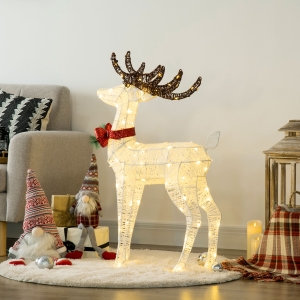 Outsunny Light Up Reindeer Christmas Decoration, Outdoor Lighted Deer Xmas Decor with 100 LED Lights and 4 Ground Stakes for Holiday, Lawn, Garden, Yard, White