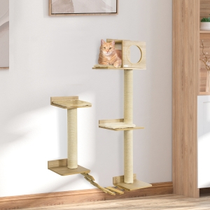 PawHut Wall Mounted Cat Tree with Scratching Post Condo Bridge Cushion Cat Climbing Shelves Furniture, Yellow