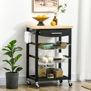 HOMCOM 3-Tier Utility Kitchen Cart with Handle Bar, Steel Basket Rolling Cart, Food Storage Service Trolley with Drawer, Rubber Wood Top, Black