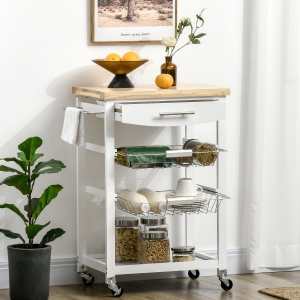 HOMCOM 3-Tier Utility Kitchen Cart with Handle Bar, Steel Basket Rolling Cart, Food Storage Service Trolley with Wheels, Rubber Wood Top, White
