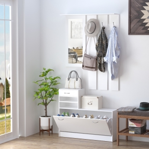 HOMCOM Entryway Organizer Unit 3 In 1 Design Hall Tree with Coat Rack Shoe Storage Shelf Mirror for Hallway Livingroom White