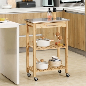 HOMCOM Bamboo Kitchen Cart, Kitchen Island on Wheels with Stainless Steel Top, Drawer and Slatted Shelves for Dining Room, Natural