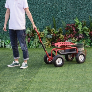 Outsunny Garden Cart, Rolling Scooter with Swivel and Adjustable Seat, Tool Tray, Bucket Basket, Red and Black