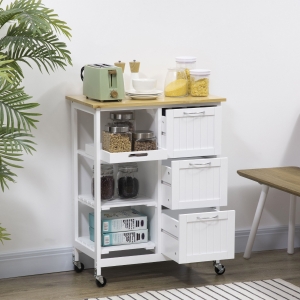 HOMCOM Kitchen Cart, Coffee Bar Cart on Wheels with Wooden Top, Utility Trolley with 3 Storage Drawers, 2 Shelves, Removable Tray for Dining Room, White