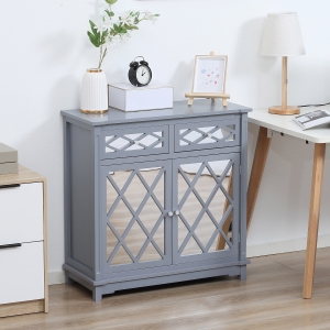 HOMCOM Floor Cabinet with Mirror Doors and 2 Drawers, Sideboard, Bathroom Storage Cabinet with Shelf for Living Room, Entryway, Grey