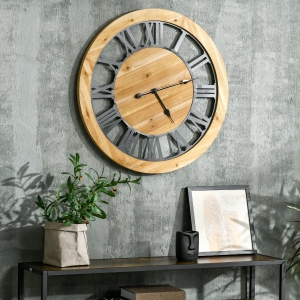 HOMCOM 30 Inch Large Wall Clock, Silent Non Ticking Metal Wood Farmhouse Roman Numeral Clocks for Living Room Decor, Battery Operated, Black and Natural Wood Color