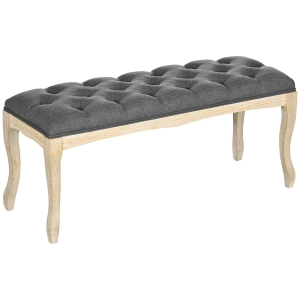 HOMCOM 43" Upholstered Entryway Bench, Linen Fabric Ottoman Stool with Button Tufted Seat, and Rubber Wood Legs for Living Room, Bedroom, or Hallway, Dark Grey