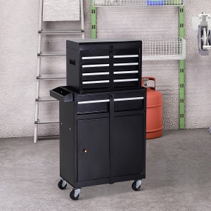 DURHAND Rolling Tool Cabinet 2 in 1 Top Chest Storage Box 5 Drawers with Pegboard and Adjustable Shelf, Black